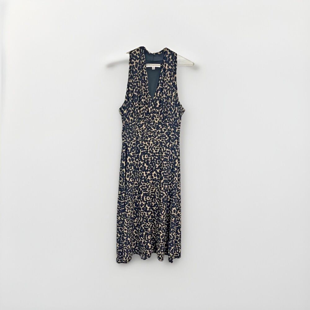 Evan Picone Women’s 12 Leopard Print Midi Dress V-Neck Sleeveless Ruched Waist